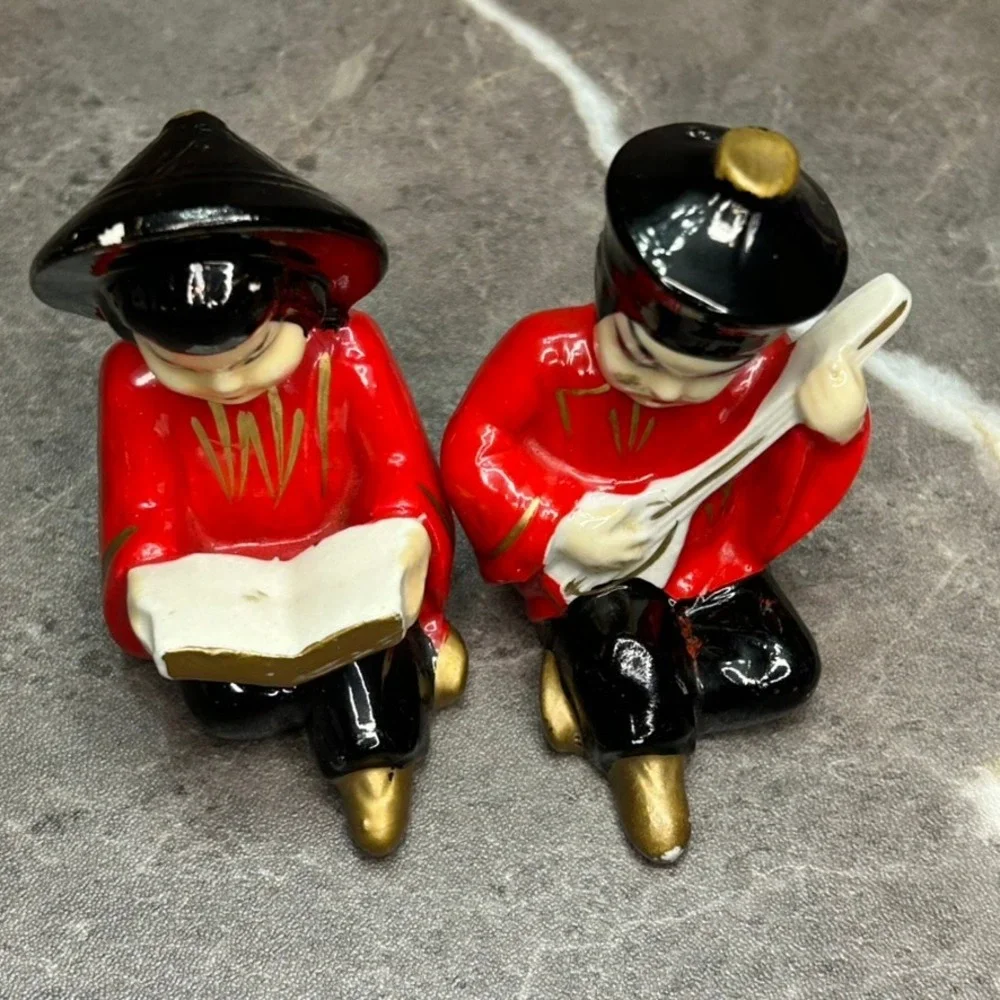 Vintage Asian Boy and Girl Ceramic Salt and Pepper Shakers Red Black Gold Set